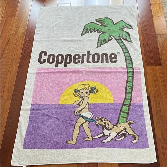 Vintage Coppertone Beach Towel Girl Dog Palm Tree 36X62 Sunscreen Iconic USA - Picture 2 of 14